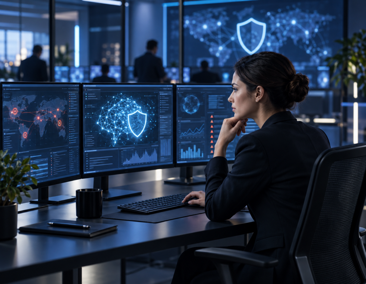 AI-assisted cybersecurity analysts monitoring threats, anomalies, and automated response workflows