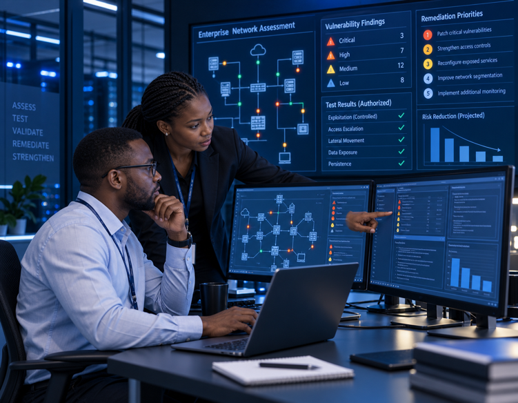 Cybersecurity consultants conducting an authorized security assessment and penetration test