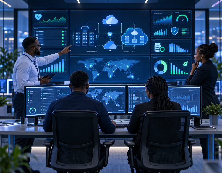 Cloud operations team monitoring hybrid cloud performance, security, backups, and costs
