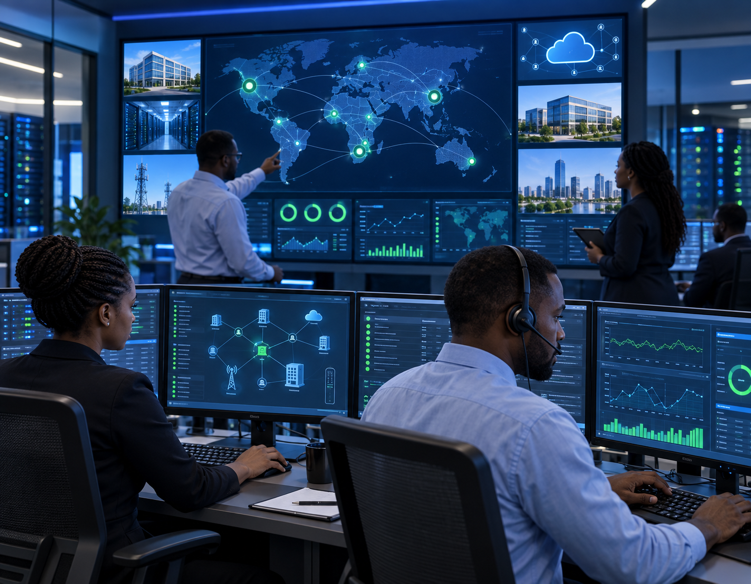 Network operations team monitoring reliable connectivity and performance across business locations
