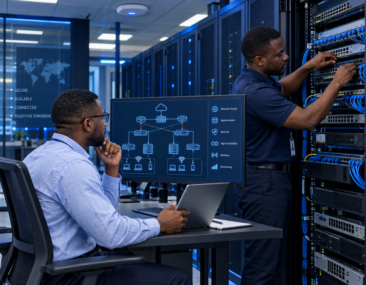 Network engineers designing and implementing secure, scalable enterprise network infrastructure