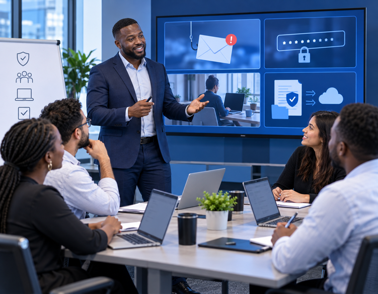 Security awareness trainer teaching employees to recognize phishing and practice safe data handling